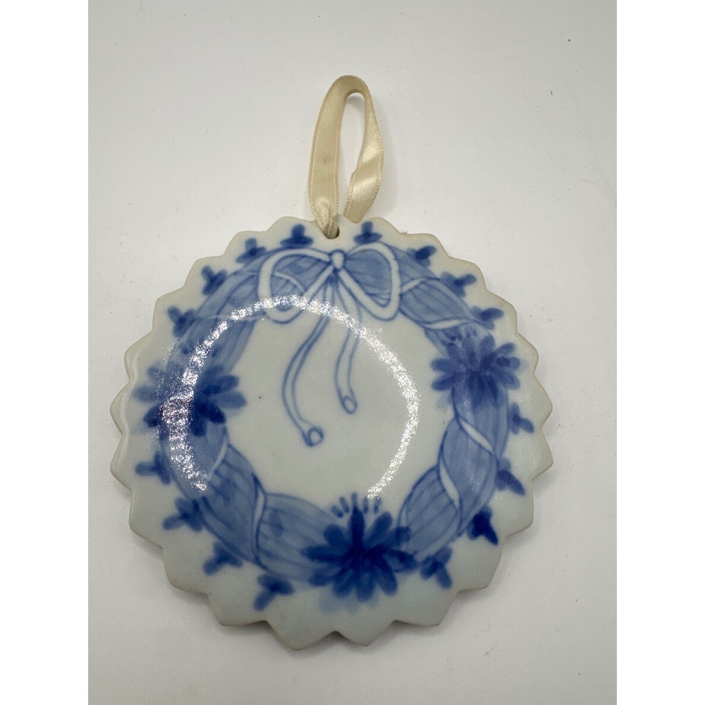 Vintage Handpainted Blue and White Floral Wreath Scalloped Ceramic Ornament